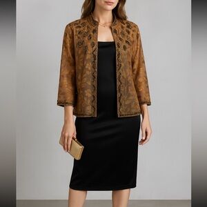 Chico’s Embellished Sheer Jacket Beaded Sequin Floral Gold Bronze Size 2 (L/XL)